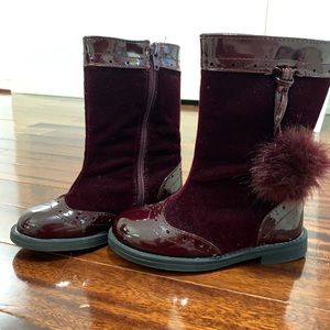 Laura Ashely Girls Velvet Patent Pom Pom Boots